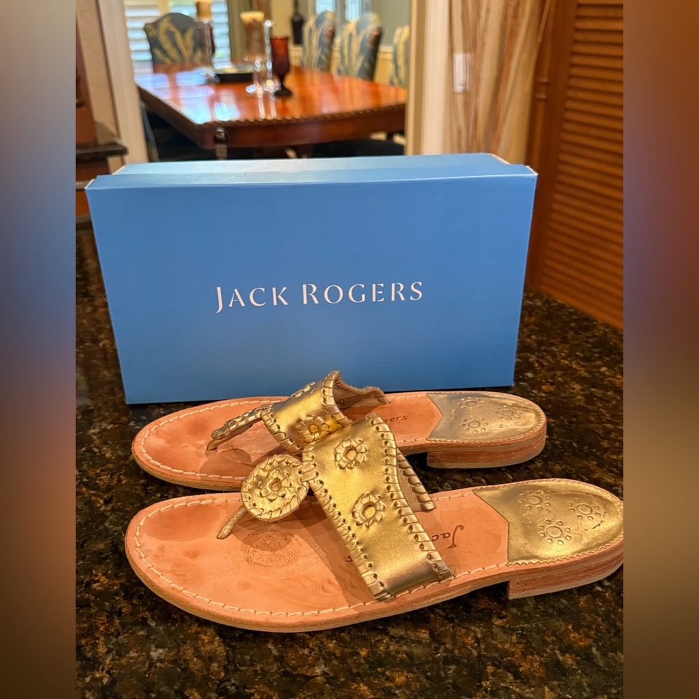 Jack Rogers Jacks Flat Gold Metallic Platinum Leather Sandals - Size 10